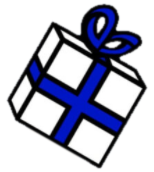 Suomen lipun sinisellä nauhalla kääritty valkoinen lahjapaketti